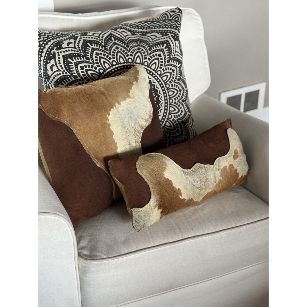 Handmade Genuine Cowhide Leather Pillow Set Lumbar & Square Country Western